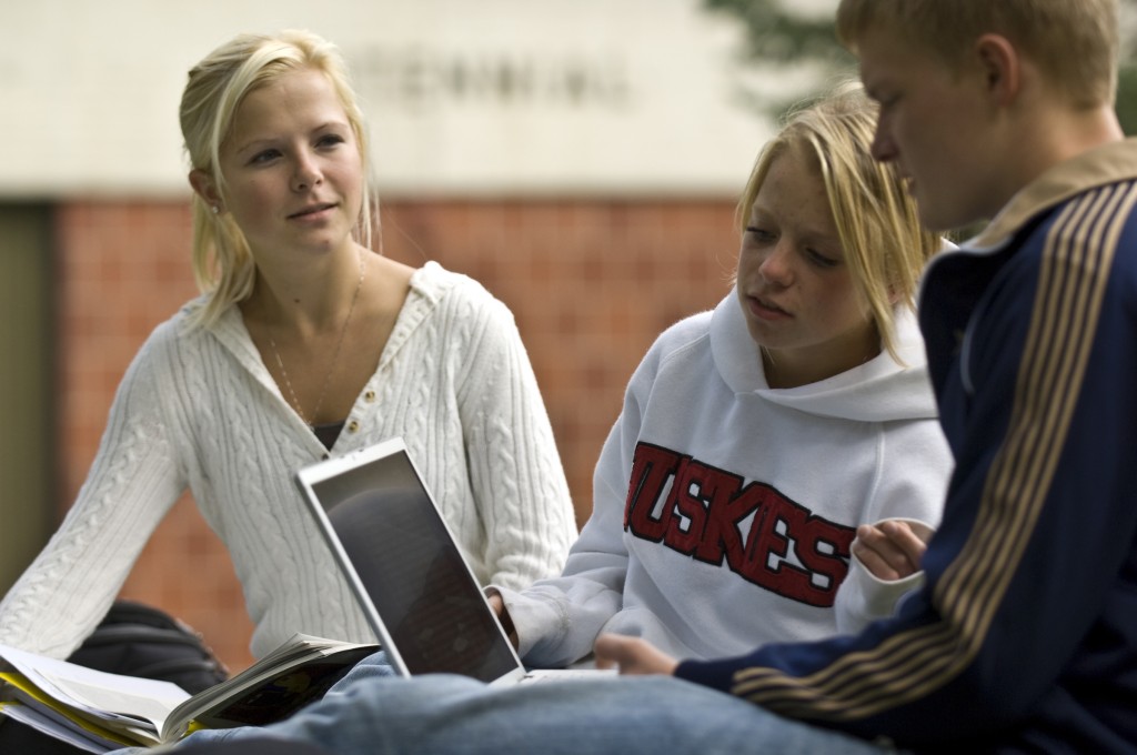 Three students sitting with one looking at his lap top