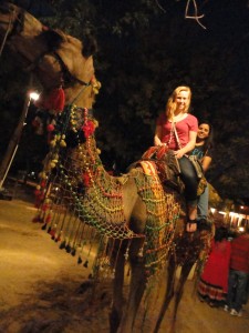 Riding a camel with JKLU student Deepika Mehta at Chokhi Dhani
