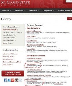 SCSU library web page snapshot with link to repository