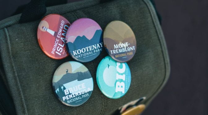 Photo of a backpack with badges